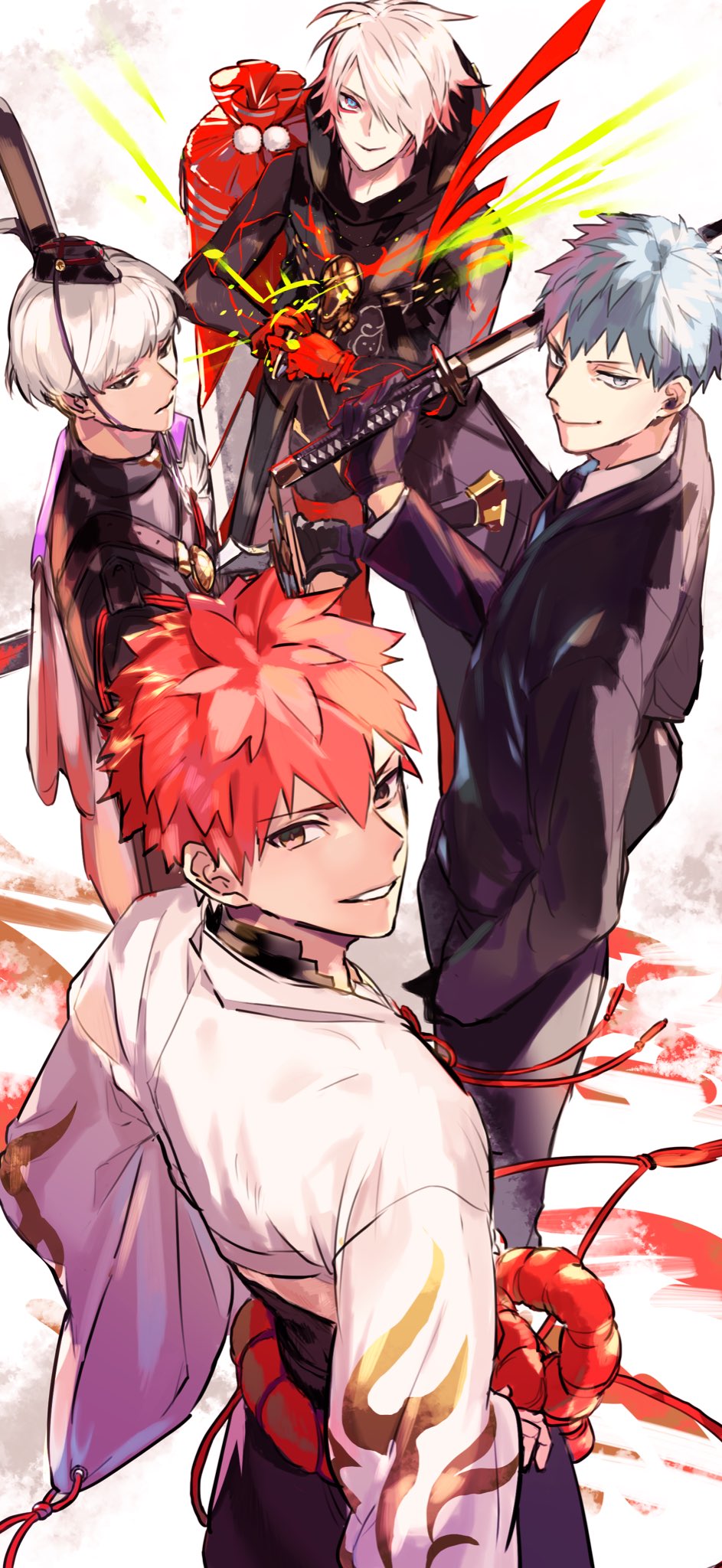 4boys bangs black_coat black_eyes black_gloves black_jacket black_pants black_suit blue_eyes blue_hair closed_mouth coat emiya_shirou fate/grand_order fate_(series) feet_out_of_frame formal gloves hair_between_eyes hair_over_one_eye hakama hands_on_hips hat highres holding holding_sword holding_weapon hood hood_down jacket japanese_clothes karna_(santa)_(fate) katana kimono limited/zero_over long_sleeves looking_at_viewer male_focus multiple_boys ono_matope over_shoulder pants red_gloves redhead sack saitou_hajime_(fate) sengo_muramasa_(fate) short_hair simple_background smile standing sword tate_eboshi watanabe_no_tsuna_(fate/grand_order) weapon white_background white_hair white_kimono