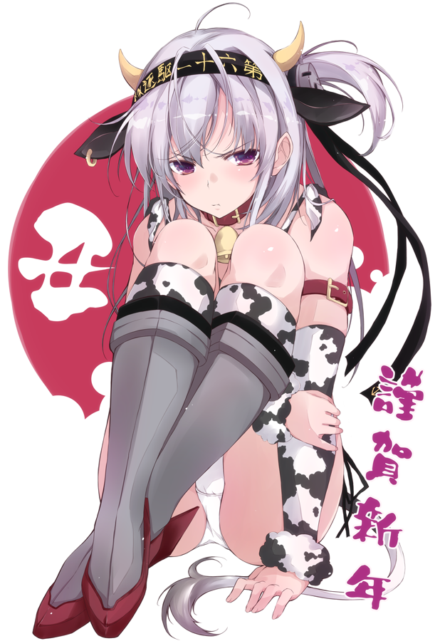 1girl ahoge alternate_costume animal_ears animal_print arm_warmers bangs bell bell_collar blush chinese_zodiac closed_mouth clothes_writing collar cow_ears cow_horns cow_print fur_trim hachimaki headband horns kantai_collection kneehighs leg_hug long_hair new_year one_side_up panties rudder_footwear silver_hair simple_background sitting solo suzutsuki_(kantai_collection) underwear violet_eyes white_panties year_of_the_ox yumesato_makura