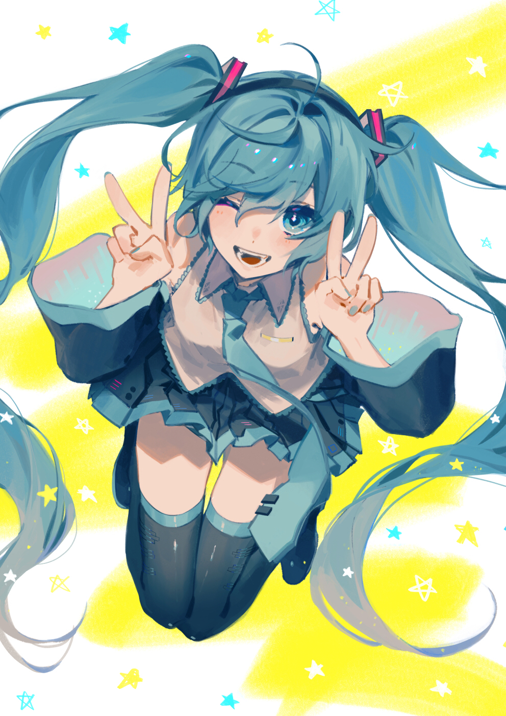 1girl aqua_eyes aqua_hair aqua_nails black_footwear black_skirt boots collared_shirt detached_sleeves double_v eyebrows_visible_through_hair eyelashes fangs green_neckwear grey_shirt hatsune_miku highres jumping long_hair mimuatsui nail_polish necktie one_eye_closed open_mouth pleated_skirt shirt skirt smile solo star_(symbol) teeth thigh-highs thigh_boots tie_clip twintails v vocaloid