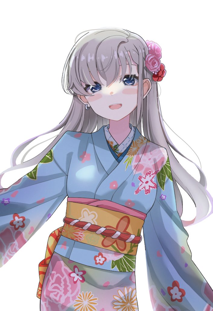 1girl :d bangs blue_eyes blue_kimono blush_stickers breasts commentary_request earrings eyebrows_behind_hair floral_print flower grey_hair hair_between_eyes hair_flower hair_ornament hisakawa_hayate idolmaster idolmaster_cinderella_girls idolmaster_cinderella_girls_starlight_stage japanese_clothes jewelry kimono long_hair long_sleeves looking_at_viewer obi open_mouth pink_flower pink_rose print_kimono red_flower rose sash shiwa_(siwaa0419) simple_background small_breasts smile solo very_long_hair white_background