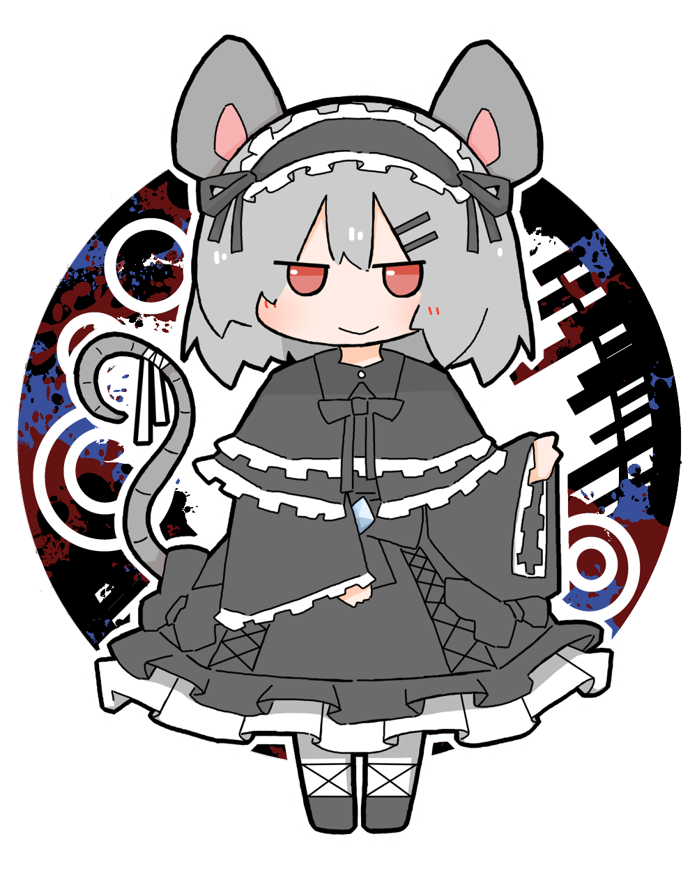 amakaeru animal_ears bandages gem gothic_lolita grey_hair highres lolita_fashion nazrin red_eyes smile tail touhou white_background