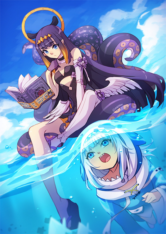 2girls animal_hood blue_eyes blue_hair clenched_hand clouds english_commentary flat_chest floating floating_book floating_object gawr_gura halo hololive hololive_english hood looking_down monogram multicolored_hair multiple_girls ninomae_ina'nis ocean open_mouth platform_footwear shark_hood sharp_teeth silver_hair sky streaked_hair teeth tentacles underwater virtual_youtuber vmat wings