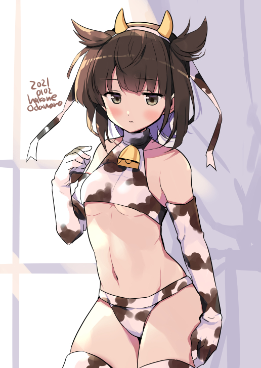 1girl alternate_costume animal_ears animal_print artist_name bikini breasts brown_hair commentary_request cow_ears cow_horns cow_print cowboy_shot dated elbow_gloves fake_animal_ears fake_horns gloves hair_flaps hatsuzuki_(kantai_collection) horns kantai_collection odawara_hakone short_hair small_breasts solo swimsuit thigh-highs under_boob white_bikini white_gloves white_legwear window yellow_eyes