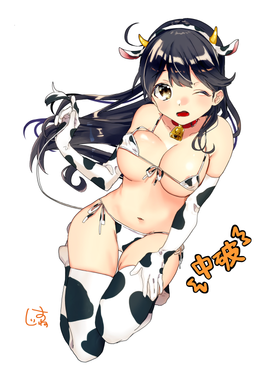 1girl ahoge animal_ears animal_print artist_logo bell bikini black_hair breasts brown_eyes commentary_request cow_ears cow_horns cow_print cow_tail cowbell elbow_gloves fake_animal_ears fake_horns front-tie_top full_body gloves horns kantai_collection large_breasts long_hair micro_bikini one_eye_closed oriharaizaya819 side-tie_bikini simple_background solo swimsuit tail thigh-highs thigh_gap ushio_(kantai_collection) white_background white_bikini white_gloves white_legwear
