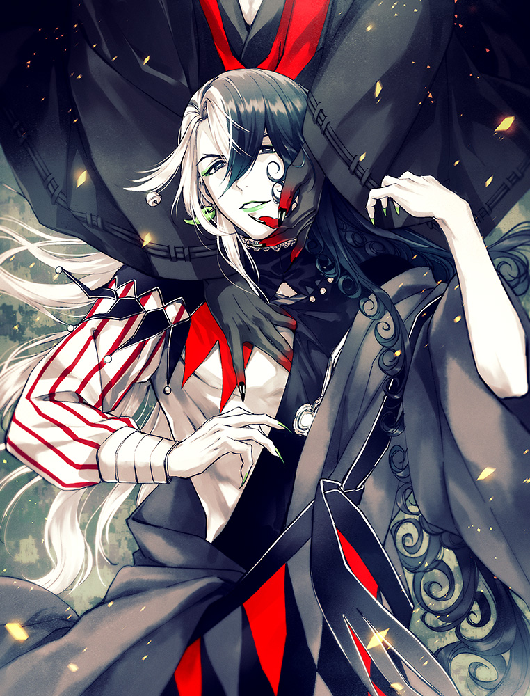 2boys ashiya_douman_(fate) assisted_exposure asymmetrical_clothes asymmetrical_hair bell black_eyes black_hair curly_hair dark_persona earrings fate/grand_order fate_(series) fingernails grabbing green_eyeshadow green_kimono green_lipstick green_nails groping hair_bell hair_between_eyes hair_intakes hair_ornament hand_on_another's_face heian japanese_clothes jewelry kimono light_particles lipstick long_hair looking_at_viewer magatama magatama_earrings makeup male_focus morumoru_(kuromrmr) multicolored_hair multiple_boys official_alternate_costume open_clothes open_kimono pectoral_grab ribbed_sleeves sharp_fingernails smile toned toned_male traditional_clothes two-tone_hair undressing_another upper_body very_long_fingernails very_long_hair white_hair