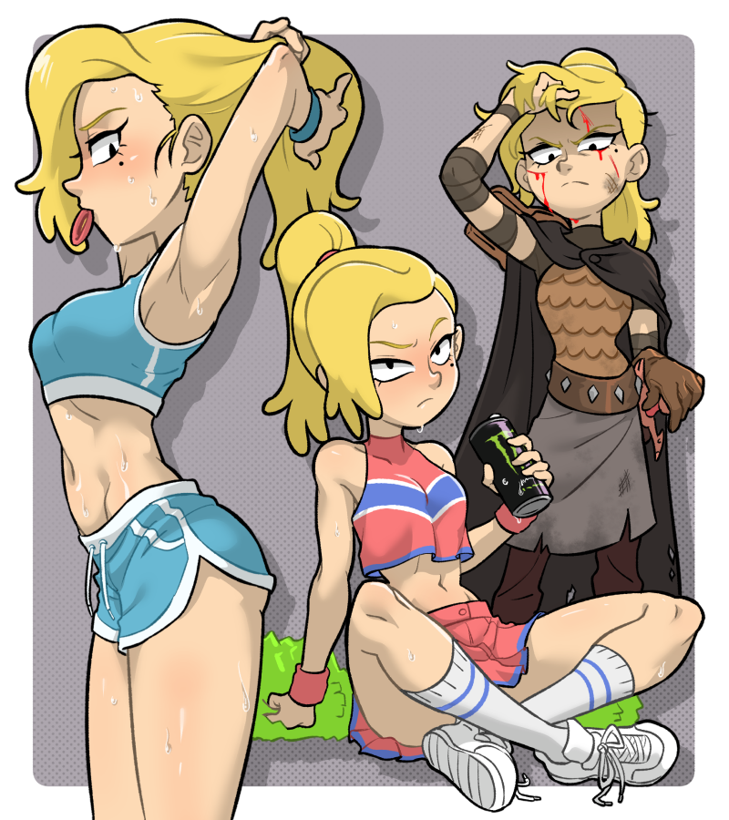 1girl amphibia armor armpits blonde_hair blood blush breasts brown_gloves cape centinel303 cheerleader closed_mouth crop_top frown glaring gloves midriff mole mole_under_eye monster_energy multiple_views navel pom_poms ponytail sasha_waybright shaded_face shoes short_hair short_shorts shorts simple_background single_glove skirt small_breasts sneakers socks sweat tying_hair