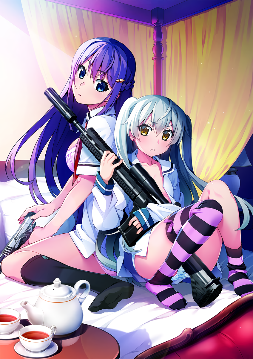 2girls asymmetrical_legwear bangs black_legwear blue_eyes braid cup earrings eyebrows_visible_through_hair french_braid fukami_rena grisaia_(series) grisaia_phantom_trigger gun handgun highres holding holding_gun holding_weapon jewelry kneehighs long_hair long_sleeves looking_at_viewer multiple_girls no_pants official_art on_bed open_clothes open_shirt panties pink_panties pistol purple_hair ribbon scope shishigaya_touka short_sleeves silver_hair sitting striped striped_panties stud_earrings table tea teacup teapot two_side_up underwear watanabe_akio weapon yellow_eyes