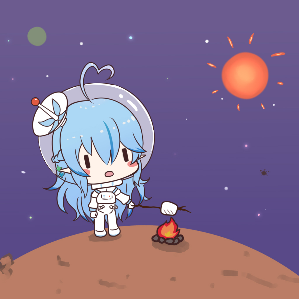 1girl ahoge astronaut black_eyes blue_hair blush campfire chibi elf food heart heart_eyes holding holding_stick hololive looking_up marshmallow nawate_(dij) open_mouth outer_wilds pointy_ears roasting solo space stick sun virtual_youtuber yukihana_lamy