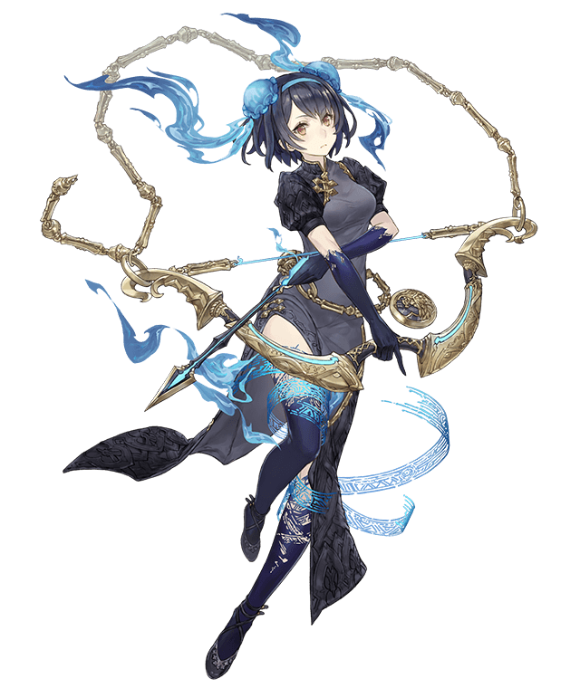 1girl alice_(sinoalice) arrow_(projectile) bow_(weapon) bun_cover chain china_dress chinese_clothes dark_blue_hair double_bun dress eyebrows_visible_through_hair full_body hairband looking_at_viewer official_art pocket_watch puffy_sleeves red_eyes short_hair sinoalice solo tattoo transparent_background watch weapon