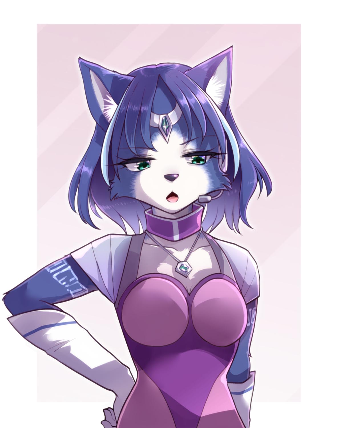 1girl adapted_costume animal_ears animal_nose aqua_eyes arm_tattoo bangs blue_fur blue_hair body_fur border breasts circlet cleavage_cutout clothing_cutout collarbone commentary_request earpiece eyebrows_visible_through_hair fox_ears fox_girl furry gloves gradient gradient_background half-closed_eyes hand_on_hip highres jpeg_artifacts krystal looking_to_the_side medium_breasts multicolored_hair multicolored_shirt namagaki_yukina open_mouth outline outside_border pink_shirt purple_background purple_shirt raglan_sleeves sapphire_(gemstone) shiny shiny_hair shirt short_hair short_sleeves simple_background solo standing star_fox streaked_hair tattoo two-tone_fur two-tone_hair upper_body white_border white_fur white_gloves