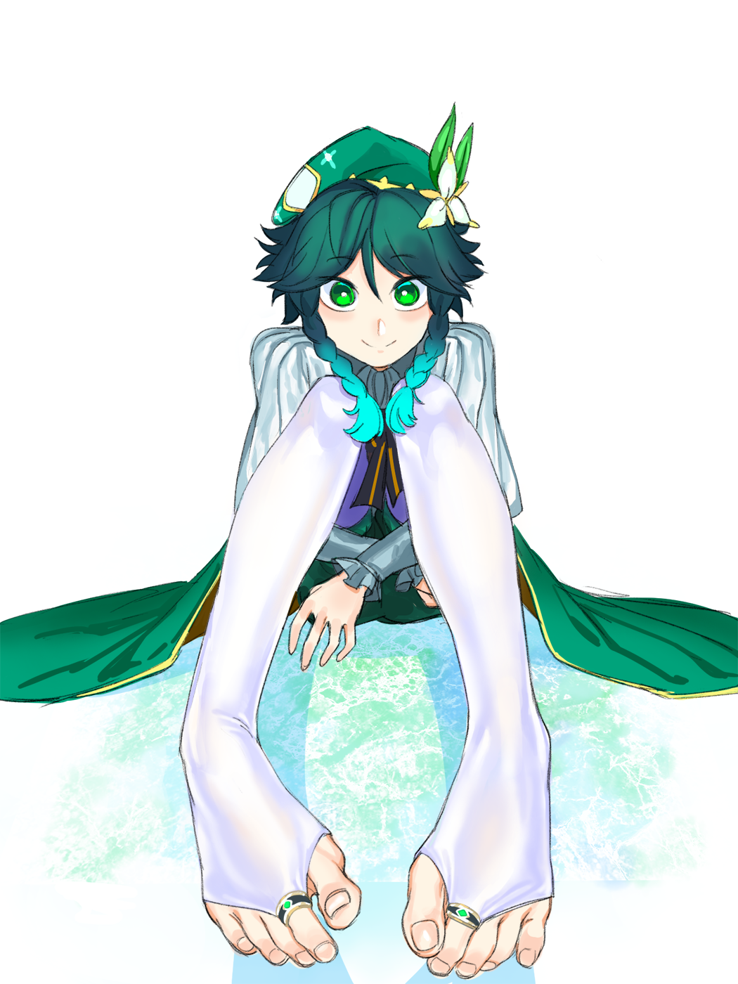 1boy barefoot blue_hair blush braid cape eyebrows_visible_through_hair feet flower foot_focus foreshortening frilled_sleeves frills genshin_impact gradient_hair green_eyes green_hair green_headwear hair_flower hair_ornament hat highres jewelry leaf long_sleeves looking_at_viewer male_focus multicolored_hair naiyouxu no_shoes otoko_no_ko shorts simple_background sitting smile solo toe_ring toeless_legwear toes twin_braids venti_(genshin_impact) white_background white_legwear