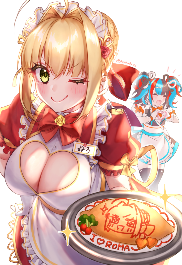 2girls ahoge apron blonde_hair bow breasts cleavage_cutout clothing_cutout dress fate/extra fate/grand_order fate_(series) food green_eyes hand_on_hip heart heart_hands large_breasts maid maid_apron maid_headdress multicolored_hair multiple_girls nero_claudius_(fate) nero_claudius_(fate)_(all) omurice sei_shounagon_(fate) smile translated tray twitter_username yayoi_maka