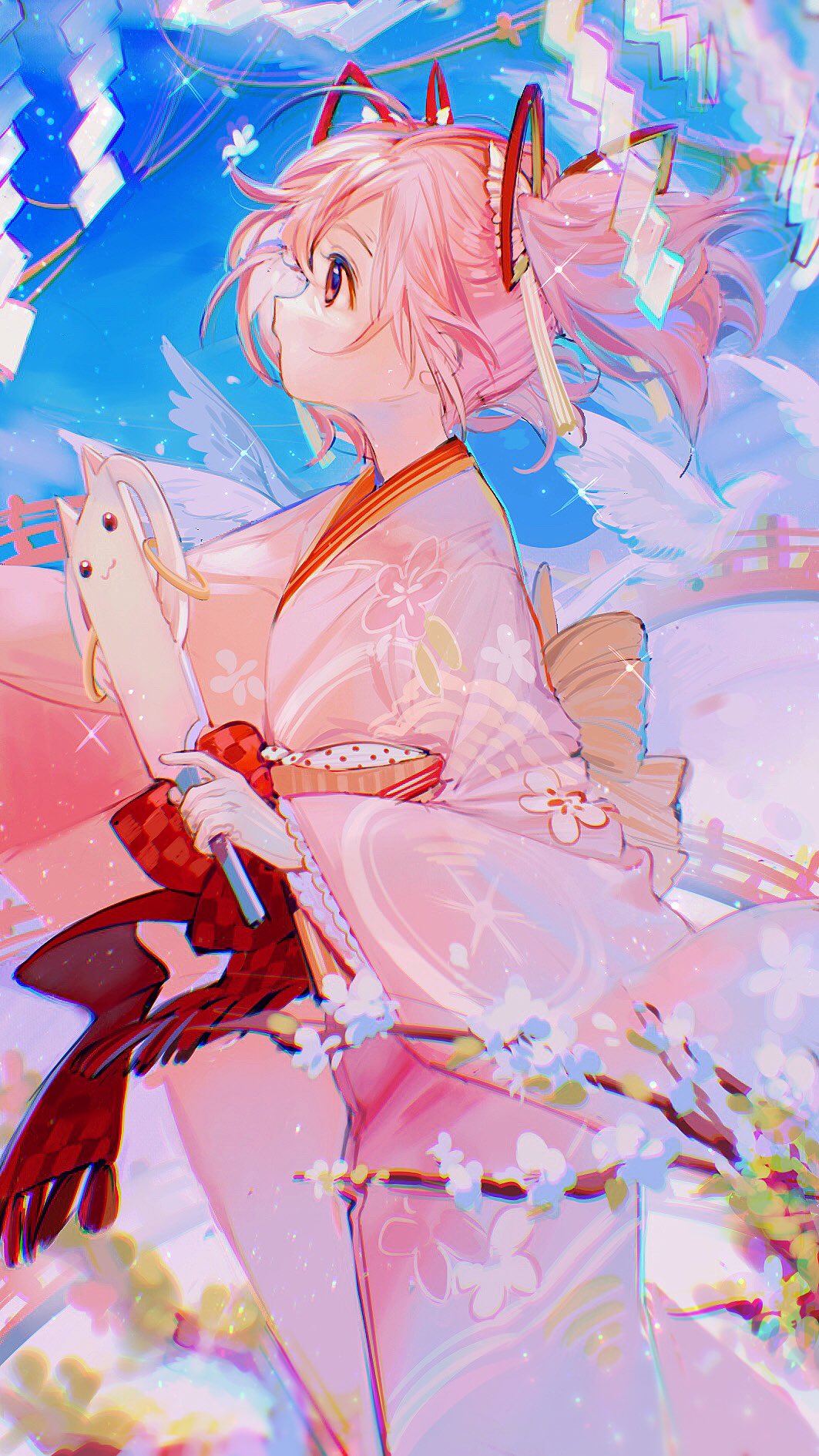 1girl happy_new_year highres japanese_clothes kaname_madoka kimono mahou_shoujo_madoka_magica new_year pink_eyes pink_hair ribbon rumoon_cocoa short_hair solo twintails