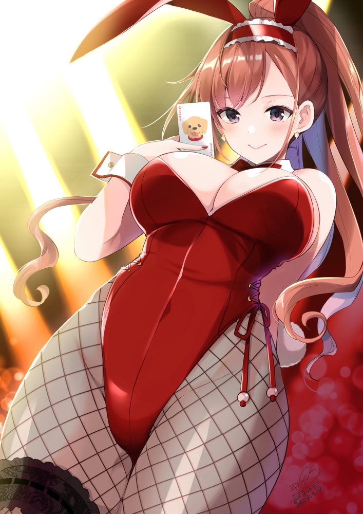 1girl animal_ears arisugawa_natsuha azuma_yuki bare_shoulders black_eyes bow bowtie breasts bunny_girl bunny_tail card commentary_request detached_collar dutch_angle earrings fake_animal_ears fishnet_legwear fishnets high_ponytail idolmaster idolmaster_shiny_colors jewelry large_breasts leotard long_hair looking_at_viewer looking_down pantyhose playboy_bunny rabbit_ears red_leotard red_nails redhead solo strapless strapless_leotard tail thigh_strap wing_collar wrist_cuffs