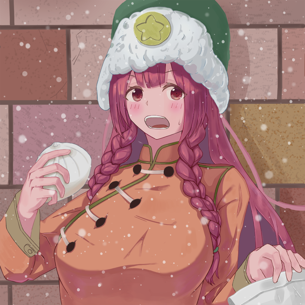 alternate_costume baozi braid china_dress chinese_clothes dress eating food fur_hat green_eyes hat hat_ornament hiw5477 hong_meiling long_hair redhead star_(symbol) star_hat_ornament the_embodiment_of_scarlet_devil touhou twin_braids winter