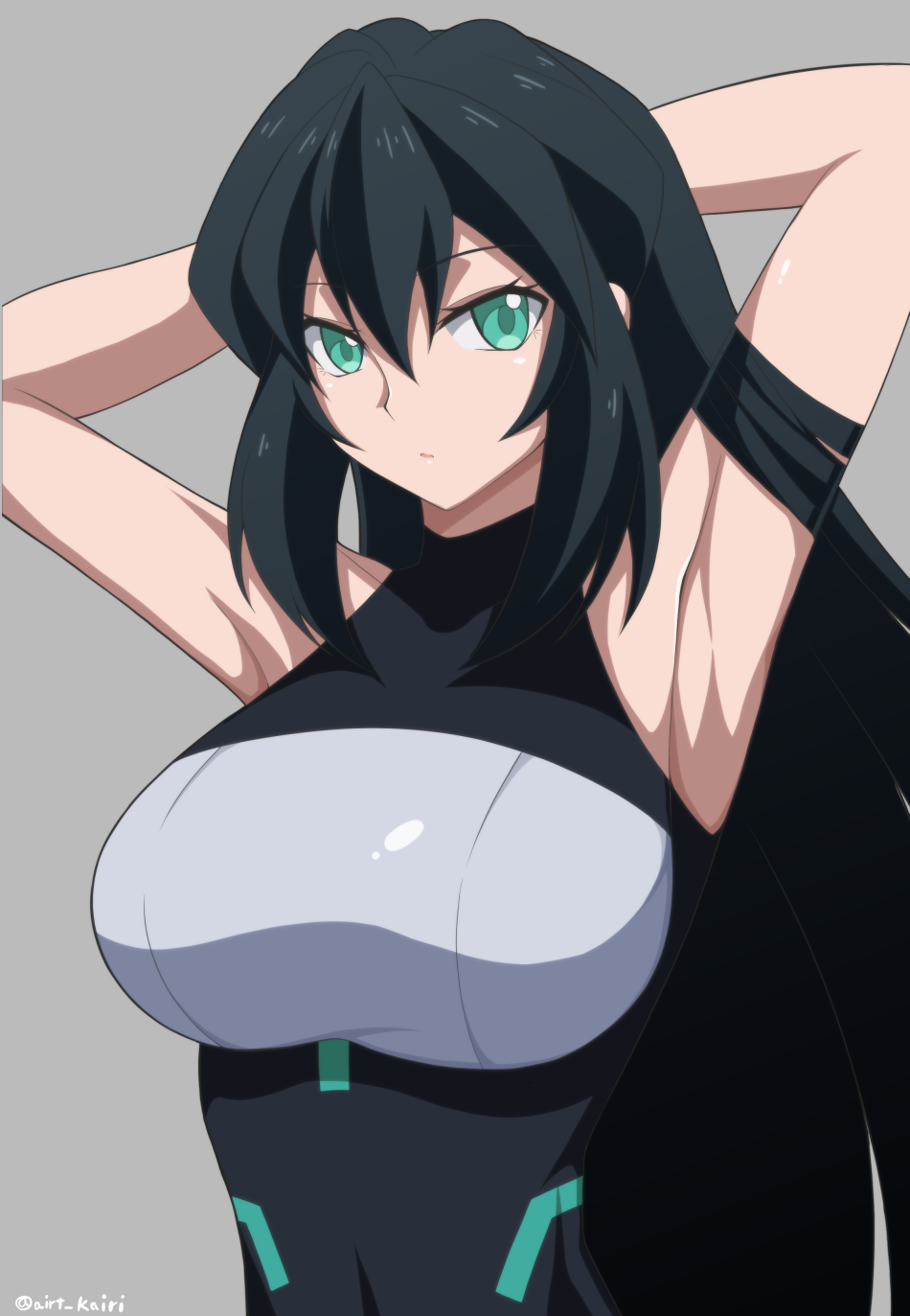 1girl :o arm_strap armpits arms_behind_head artist_name black_hair bodysuit breasts covered_navel grey_background gundam gundam_build_divers gundam_build_divers_re:rise hair_between_eyes highres kairi_(fotune) large_breasts long_hair looking_at_viewer may_(gundam_build_divers_re:rise) open_mouth skin_tight solo