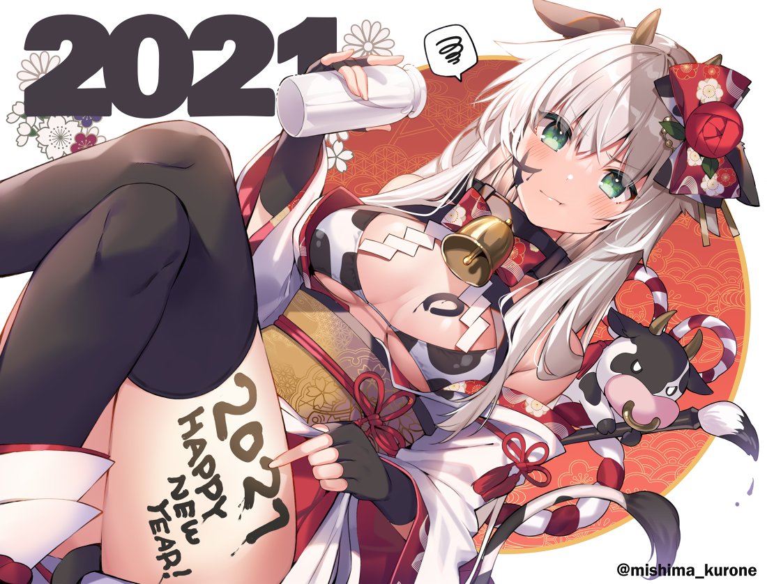 1girl 2021 :t anceril_sacred animal_ears animal_print bare_shoulders bell bikini bikini_top black_gloves black_legwear bottle bow bowtie chinese_zodiac cow cow_ears cow_girl cow_horns cow_print cow_tail crossed_legs fingerless_gloves frown gloves green_eyes happy_new_year holding horns japanese_clothes kimono kouhaku_nawa long_hair long_sleeves looking_at_viewer mishima_kurone new_year obi off_shoulder pout rope sash shirokami_project silver_hair solo spoken_squiggle squiggle string_bikini swimsuit tail thigh-highs thighs v-shaped_eyebrows white_bikini white_kimono wide_sleeves year_of_the_ox