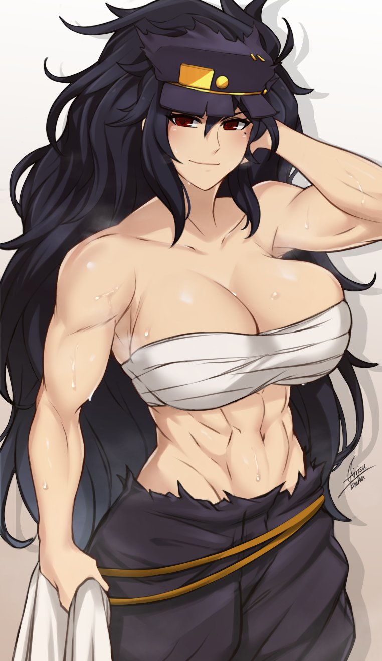 1girl abs airisubaka baggy_pants banchou bare_shoulders black_hair black_pants breasts daidouji_(senran_kagura) delinquent hat highres large_breasts long_hair messy_hair mole mole_under_eye muscular muscular_female pants red_eyes sarashi senran_kagura smile sweat white_background