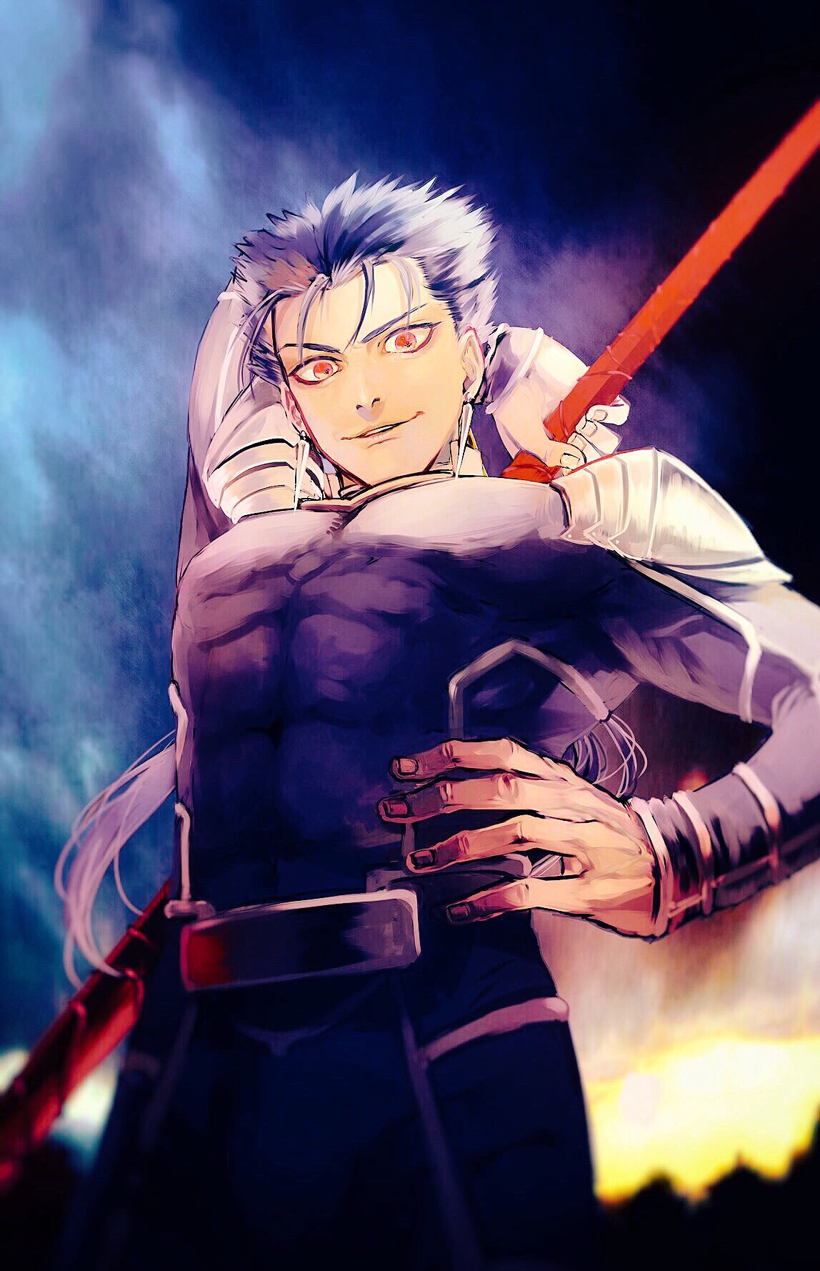 1boy arm_behind_head armor blue_hair bodysuit closed_mouth cu_chulainn_(fate)_(all) earrings fate/stay_night fate_(series) from_below gae_bolg hand_on_hip highres holding holding_polearm holding_weapon jewelry lancer long_hair looking_at_viewer male_focus marimoris muscular pauldrons polearm polearm_behind_back red_eyes shoulder_armor skin_tight sky smile solo spiky_hair type-moon weapon
