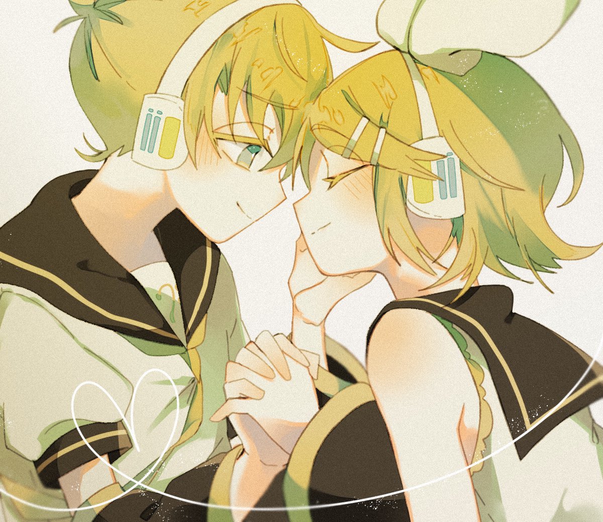 1boy 1girl arm_warmers bangs bare_shoulders black_collar black_sleeves blonde_hair blue_eyes bow closed_eyes collar commentary forehead-to-forehead hair_bow hair_ornament hairclip half-closed_eyes hand_on_another's_face headphones heart holding_hand kagamine_len kagamine_rin looking_at_viewer maca1227 necktie sailor_collar school_uniform shirt short_hair short_sleeves sleeveless sleeveless_shirt smile swept_bangs upper_body vocaloid white_bow white_shirt yellow_neckwear