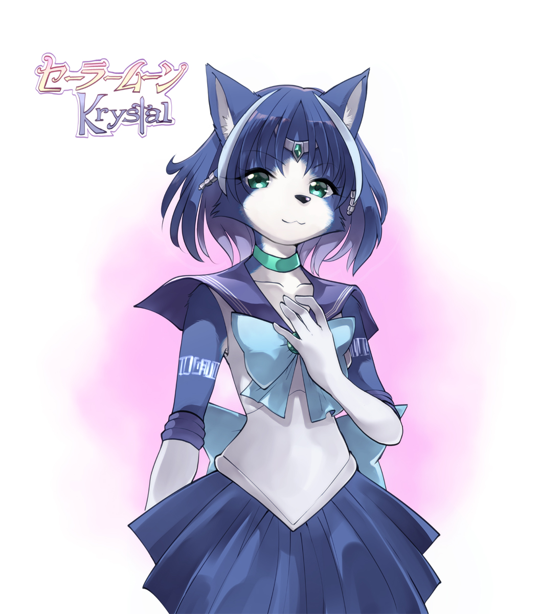 1girl alternate_costume animal_ear_fluff animal_ears animal_nose aqua_choker aqua_eyes arm_tattoo back_bow bangs bishoujo_senshi_sailor_moon blue_bow blue_fur blue_hair blue_sailor_collar blue_skirt body_fur bow bowtie brooch character_name choker circlet closed_mouth collarbone commentary_request copyright_name cosplay crystal elbow_gloves english_commentary english_text eyebrows_visible_through_hair fox_ears fox_girl furry gloves gradient gradient_background hair_tubes hand_on_own_chest hand_up happy highres jewelry krystal looking_at_viewer miniskirt multicolored_hair namagaki_yukina partial_commentary pink_background pleated_skirt sailor_collar sailor_mercury sailor_mercury_(cosplay) sailor_senshi_uniform sapphire_(gemstone) shiny shiny_hair shirt short_hair simple_background skirt sleeveless sleeveless_shirt smile solo star_fox streaked_hair tattoo translated two-tone_background two-tone_fur two-tone_hair white_background white_fur white_gloves white_shirt