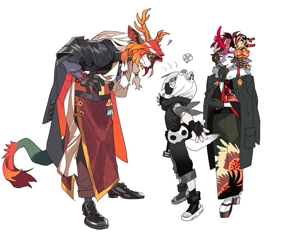 1boy 2girls animal_ears arknights artist_request blocking bodyguard chinese_clothes ferret_ears ferret_girl ferret_tail furry height_difference horns husband_and_wife japanese_clothes kimono laughing multiple_girls ninja ninja_mask princess_fumizuki_(arknights) sandals shirayuki_(arknights) shoes sweatdrop tail wei_yenwu_(arknights)