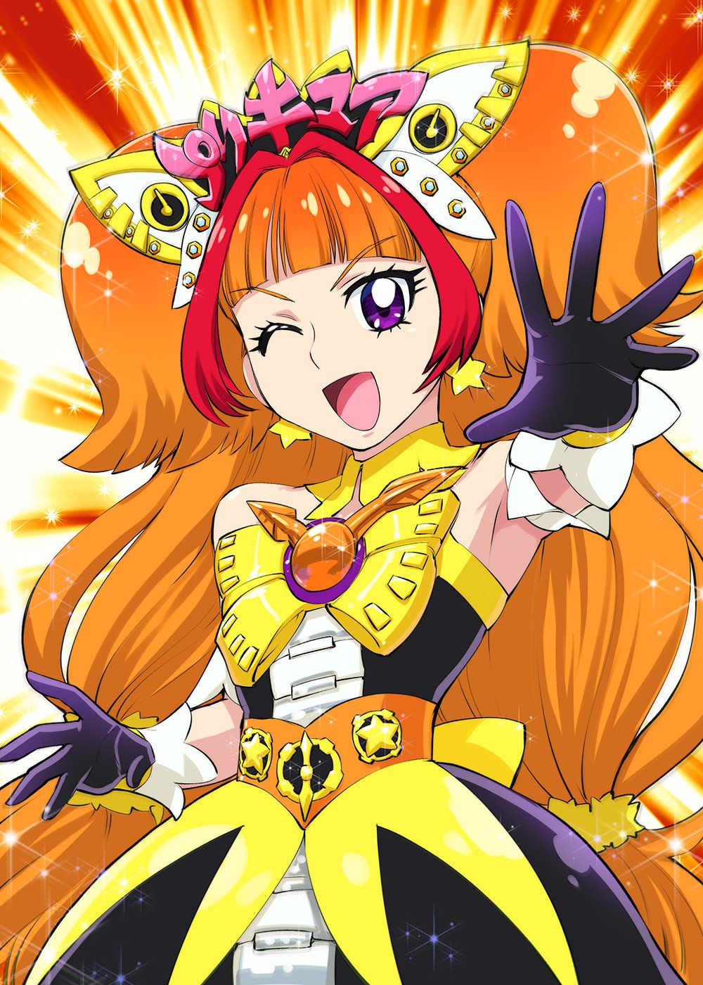 1girl ;d adapted_costume amanogawa_kirara bangs bare_shoulders blunt_bangs cosplay cure_twinkle earrings eyebrows_visible_through_hair gloves go!_princess_precure hand_up highres jewelry kamen_rider kamen_rider_zi-o_(series) long_hair looking_at_viewer magical_girl one_eye_closed open_mouth orange_hair ouma_zi-o ouma_zi-o_(cosplay) precure purple_eyes smile solo sparkle star_(symbol) star_earrings sunburst sunburst_background very_long_hair