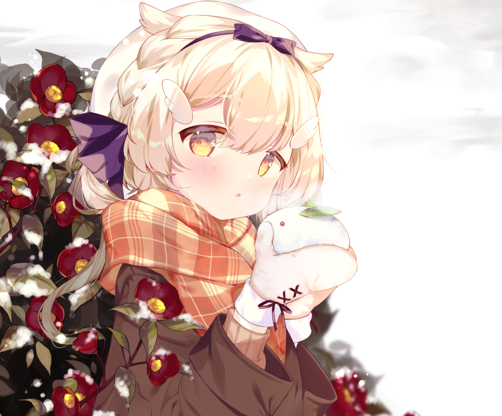 1girl :o bangs black_bow black_hairband blonde_hair blush bow braid breath brown_jacket brown_scarf commentary_request eyebrows_visible_through_hair flower hair_between_eyes hairband hands_up holding jacket long_hair long_sleeves looking_at_viewer mittens original parted_lips plaid plaid_scarf red_flower scarf snow snow_bunny solo suzuhara_(13yuuno) upper_body white_mittens wing_hair_ornament yellow_eyes