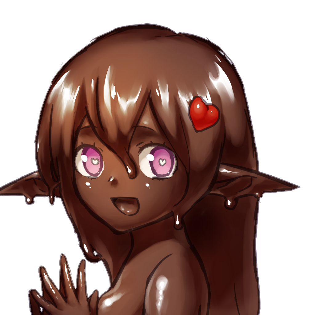 1girl :d bright_pupils brown_hair brown_slime completely_nude dark_skin from_side hair_ornament heart heart-shaped_pupils heart_hair_ornament long_hair looking_at_viewer looking_to_the_side meltyhip nude open_mouth original own_hands_together pink_eyes pointy_ears simple_background smile solo symbol-shaped_pupils upper_body white_background white_pupils