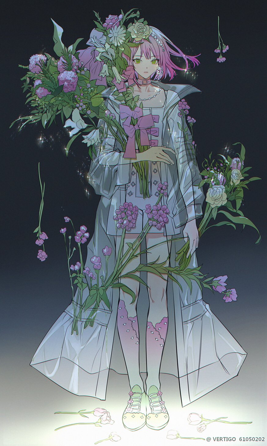 1girl artist_name collar flat_chest flower gradient gradient_background green_eyes highres holding holding_flower kneehighs looking_at_viewer original pink_collar pink_hair purple_flower see-through_jacket shoes sneakers solo standing vertigowitch yellow_flower
