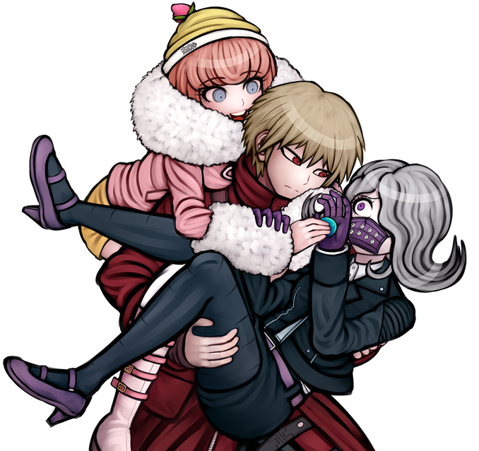 1boy 2girls andou_ruruka bangs beanie black_jacket black_skirt blonde_hair blue_eyes boots carrying coat commentary dangan_ronpa_(series) dangan_ronpa_3_(anime) english_commentary eyebrows_visible_through_hair frown fur-trimmed_jacket fur_trim gloves happy hat holding izayoi_sounosuke jacket kimura_seiko knee_boots ktokei_(kurokku-tokei) looking_at_another mask mouth_mask multiple_girls official_style pantyhose pink_footwear pink_hair pink_jacket princess_carry purple_gloves red_coat red_eyes shirt short_hair shorts simple_background skirt smile upper_teeth white_background white_footwear white_shirt yellow_shorts