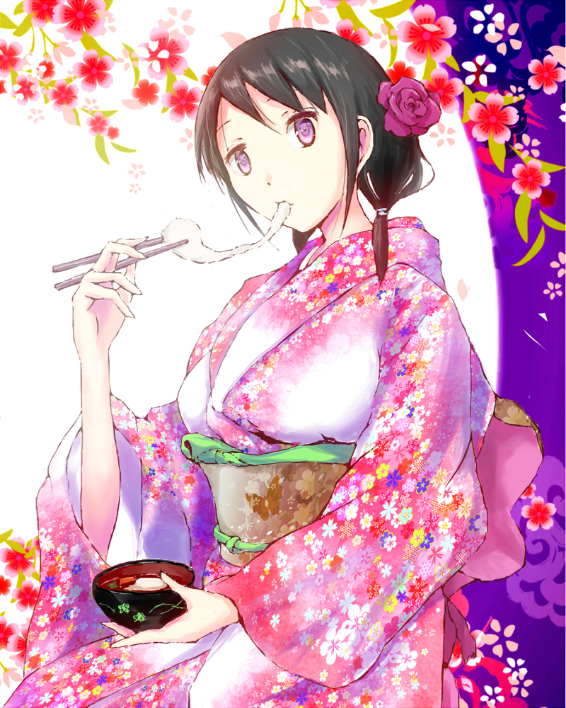 1girl bangs black_hair bowl chopsticks commentary_request eating floral_background floral_print flower food food_in_mouth from_side hair_flower hair_ornament hand_up holding holding_bowl holding_chopsticks japanese_clothes k2_(skt5005) kimono long_hair long_sleeves looking_down low_twintails mochi mochi_trail new_year pink_kimono print_kimono purple_background solo tamura_yuri twintails two-tone_background upper_body violet_eyes watashi_ga_motenai_no_wa_dou_kangaetemo_omaera_ga_warui! white_background wide_sleeves