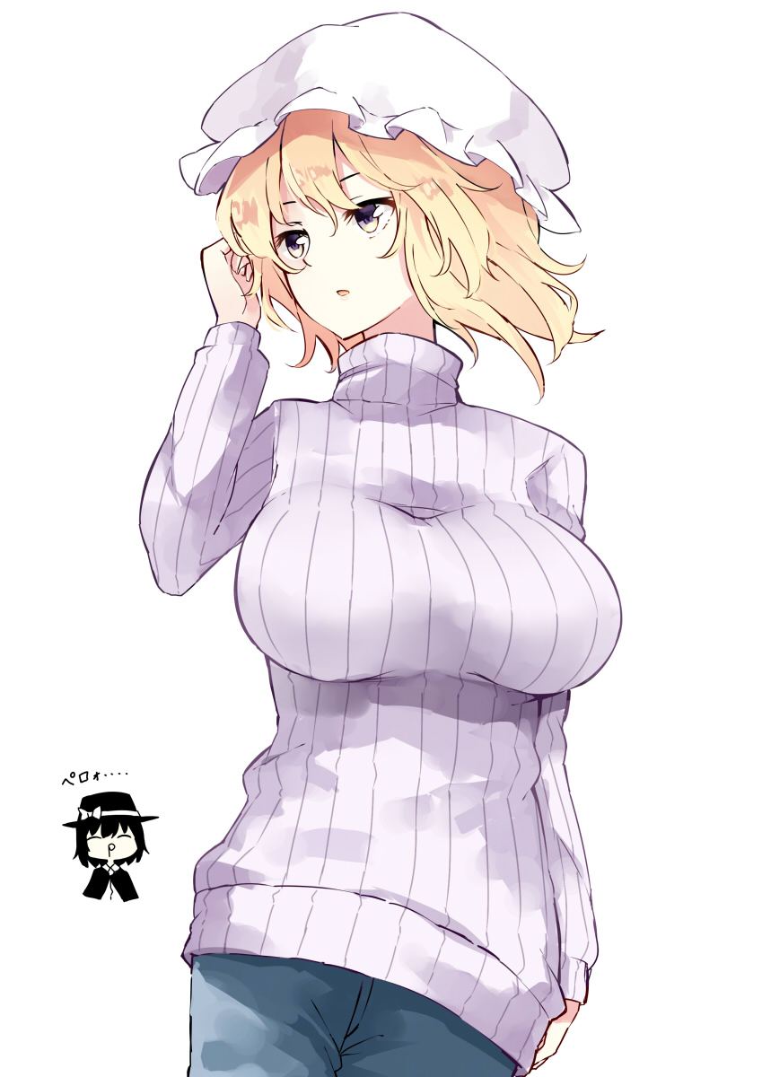 2girls blonde_hair blue_pants breasts casual commentary_request deetamu hand_up hat highres large_breasts long_sleeves looking_to_the_side maribel_hearn mob_cap multiple_girls pants ribbed_sweater short_hair simple_background sweater touhou turtleneck turtleneck_sweater usami_renko white_headwear white_sweater