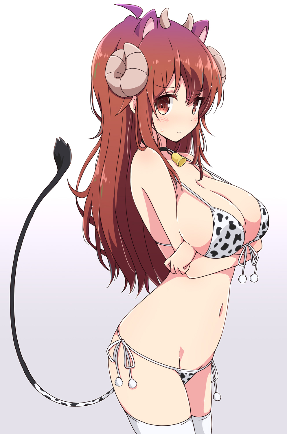 1girl ahoge animal_ears animal_print bell bell_choker bikini black_choker breast_hold breasts choker closed_mouth cow_horns cow_print cow_tail demon_girl demon_horns fake_animal_ears gradient gradient_background grey_background highres horns large_breasts long_hair looking_at_viewer machikado_mazoku mel_(melty_pot) navel redhead side-tie_bikini simple_background solo swimsuit tail thigh-highs white_legwear yoshida_yuuko_(machikado_mazoku)