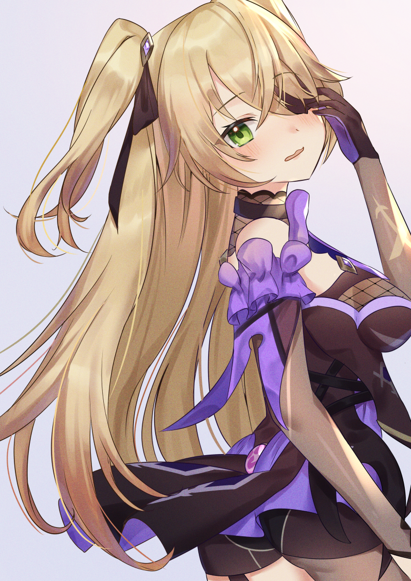 1girl bangs bare_shoulders black_eyepatch blonde_hair blush breasts eyebrows_visible_through_hair eyepatch fischl_(genshin_impact) genshin_impact gloves green_eyes hair_over_one_eye hair_ribbon long_hair looking_at_viewer medium_breasts open_mouth ribbon rotmico solo standing