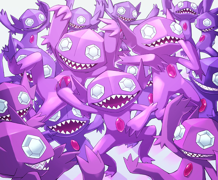 arms_up claws commentary_request gem gen_3_pokemon hand_in_mouth hijirino_yuuta looking_at_viewer open_mouth pokemon pokemon_(creature) sableye sharp_teeth smile teeth