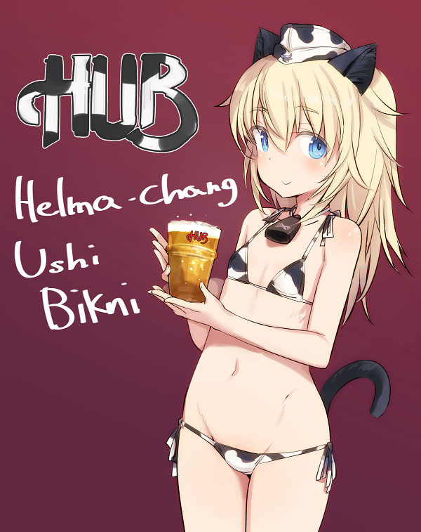 1girl alcohol alternate_costume animal_ears animal_print beer bell bikini blonde_hair blue_eyes blush bottle cat_ears cat_girl cat_tail cow_ears cow_girl cow_print cowbell cowboy_shot cup eyebrows_visible_through_hair flat_chest groin hat helma_lennartz holding long_hair looking_at_viewer lowleg lowleg_bikini navel red_background shimada_fumikane side-tie_bikini simple_background smile solo strike_witches swimsuit tail world_witches_series