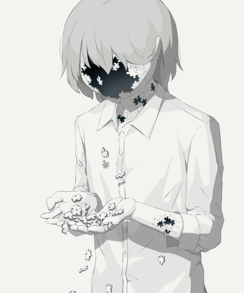 1boy avogado6 collared_shirt colored_skin commentary_request grey_hair highres holding hole_in_face hole_in_head hole_on_body long_sleeves male_focus original puzzle_piece shirt simple_background solo white_background white_shirt white_skin