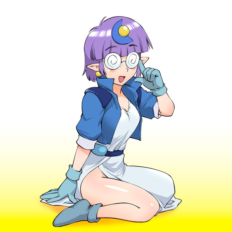 1990s_(style) 1girl arara_cocoa breasts crescent crescent_hair_ornament earrings freckles glasses gloves hair_ornament jewelry medium_hair ng_knight_lamune_&amp;_40 open_mouth pointy_ears purple_hair simple_background solo ueyama_michirou