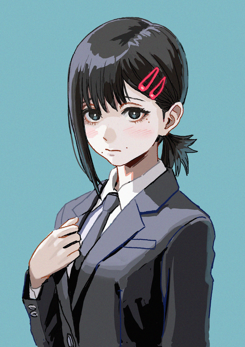 1girl aqua_background black_eyes black_hair black_jacket black_necktie chainsaw_man closed_mouth collared_shirt formal hair_ornament hairclip hand_up higashiyama_kobeni jacket medium_hair mole mole_under_eye mole_under_mouth multiple_moles necktie shiren_(ourboy83) shirt short_ponytail side_ponytail simple_background single_sidelock solo suit upper_body white_shirt