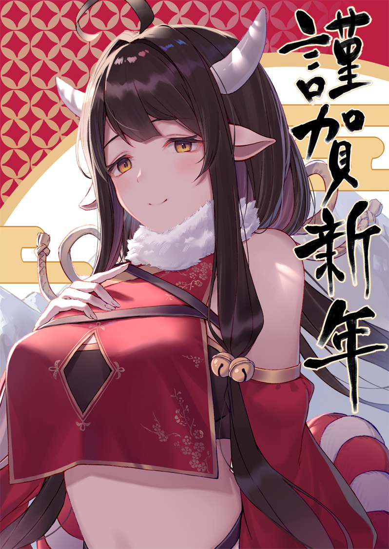 1girl ahoge arl bare_shoulders bell blush breasts brown_hair closed_mouth colored_inner_hair commentary_request cow_horns crop_top detached_sleeves egasumi fur_collar hair_bell hair_ornament hand_on_own_chest horns jingle_bell large_breasts long_hair long_sleeves looking_at_viewer multicolored_hair orange_eyes original pointing purple_hair rope shimenawa sidelocks smile solo stomach two-tone_hair upper_body