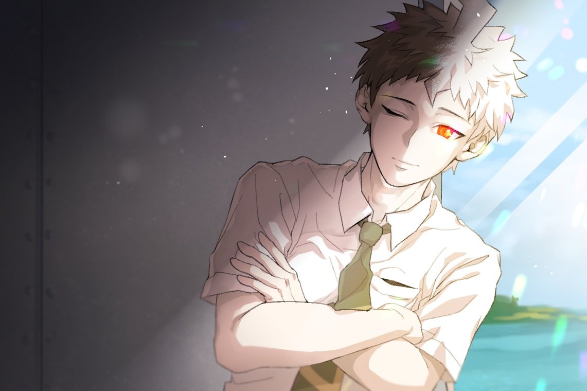 1boy ;) ahoge bambi_(bam7752) bangs blurry blurry_background brown_eyes brown_hair closed_mouth collared_shirt commentary_request crossed_arms dangan_ronpa_(series) dangan_ronpa_2:_goodbye_despair dutch_angle green_neckwear hinata_hajime light light_smile looking_at_viewer male_focus necktie one_eye_closed shirt short_hair short_sleeves smile solo upper_body white_shirt