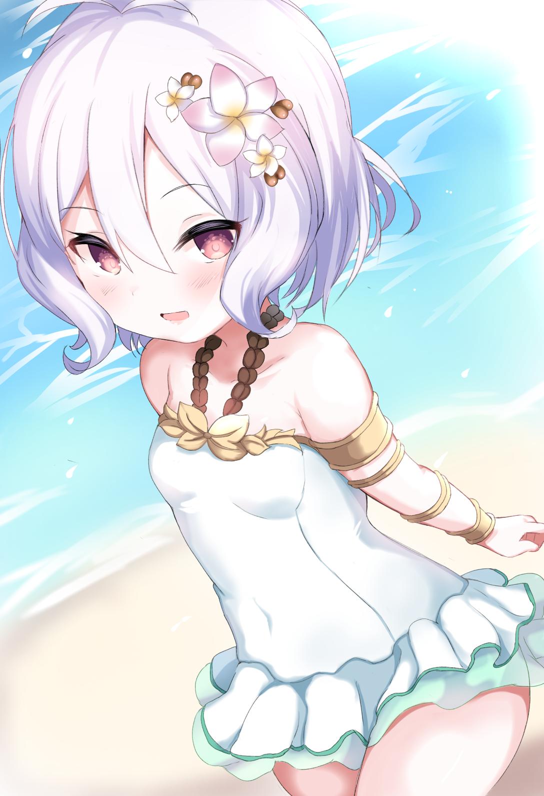 1girl bare_shoulders blush collarbone eyebrows_visible_through_hair flower frilled_swimsuit frills hair_between_eyes hair_flower hair_ornament highres kokkoro_(princess_connect!) one-piece_swimsuit open_mouth princess_connect! princess_connect!_re:dive red_eyes short_hair smile swimsuit swimwear white_hair white_swimsuit yinpa_(wanone500511)