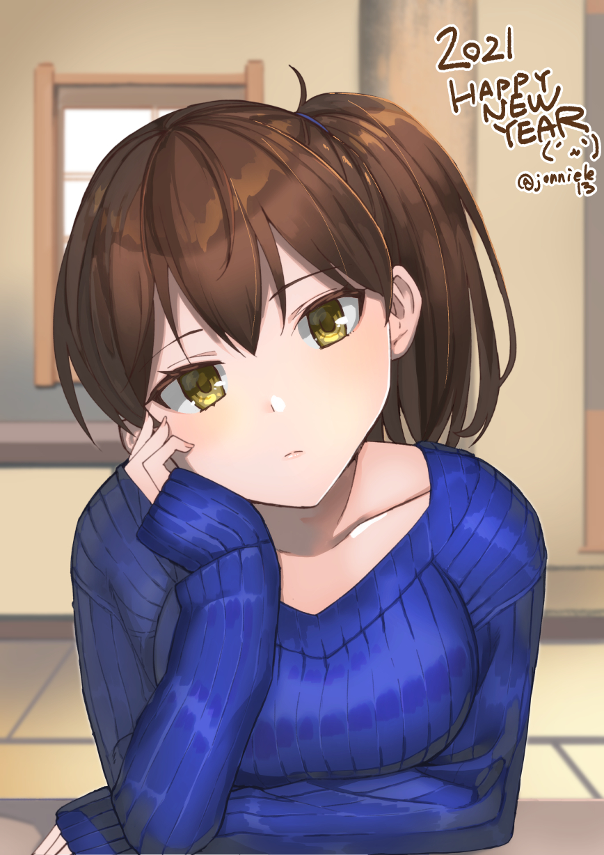 1girl 2021 alternate_costume bangs blue_sweater breasts brown_hair closed_mouth hair_between_eyes happy_new_year head_rest highres kaga_(kantai_collection) kantai_collection long_sleeves looking_at_viewer masukuza_j new_year ponytail ribbed_sweater side_ponytail sitting solo sweater twitter_username upper_body yellow_eyes