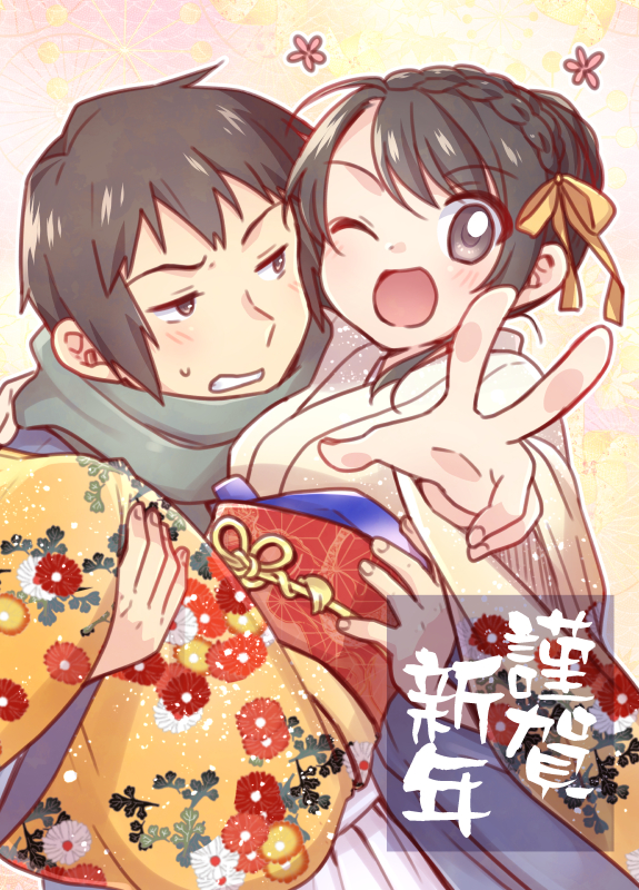 1boy 1girl ;d alternate_hairstyle arm_around_neck bangs black_hair blush braid breasts brown_eyes brown_hair carrying clenched_teeth commentary_request crown_braid eyebrows_visible_through_hair fingernails floral_print flower frown green_scarf hair_ribbon japanese_clothes kimono kyon long_sleeves looking_at_another looking_at_viewer obi one_eye_closed open_mouth orange_ribbon pink_flower princess_carry print_kimono red_sash ribbon sash scarf short_hair smile suzumiya_haruhi suzumiya_haruhi_no_yuuutsu taiki_(6240taiki) teeth translation_request v wide_sleeves