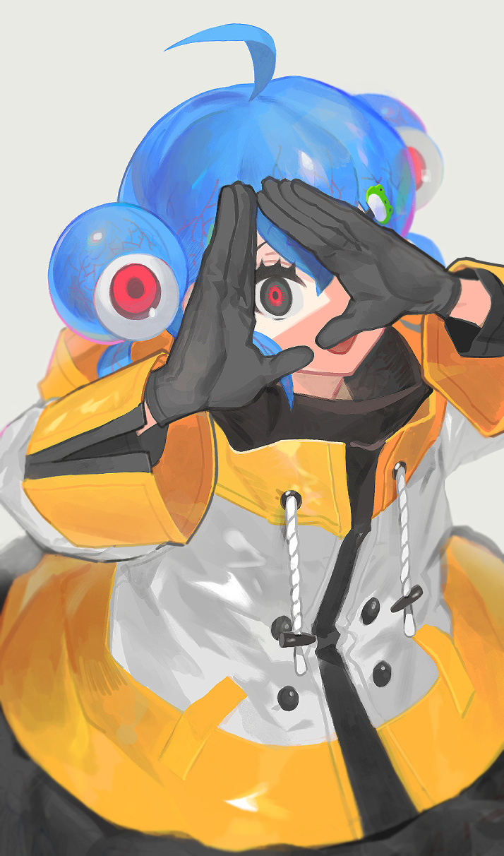 1girl ahoge black_gloves blue_hair drawstring extra_eyes frog_hair_ornament gloves hair_ornament hands_up highres jacket kero-chan_(lunch) long_sleeves looking_at_viewer lunch_(lunchicken) multicolored multicolored_clothes multicolored_jacket original red_eyes simple_background solo upper_body white_background wide_sleeves