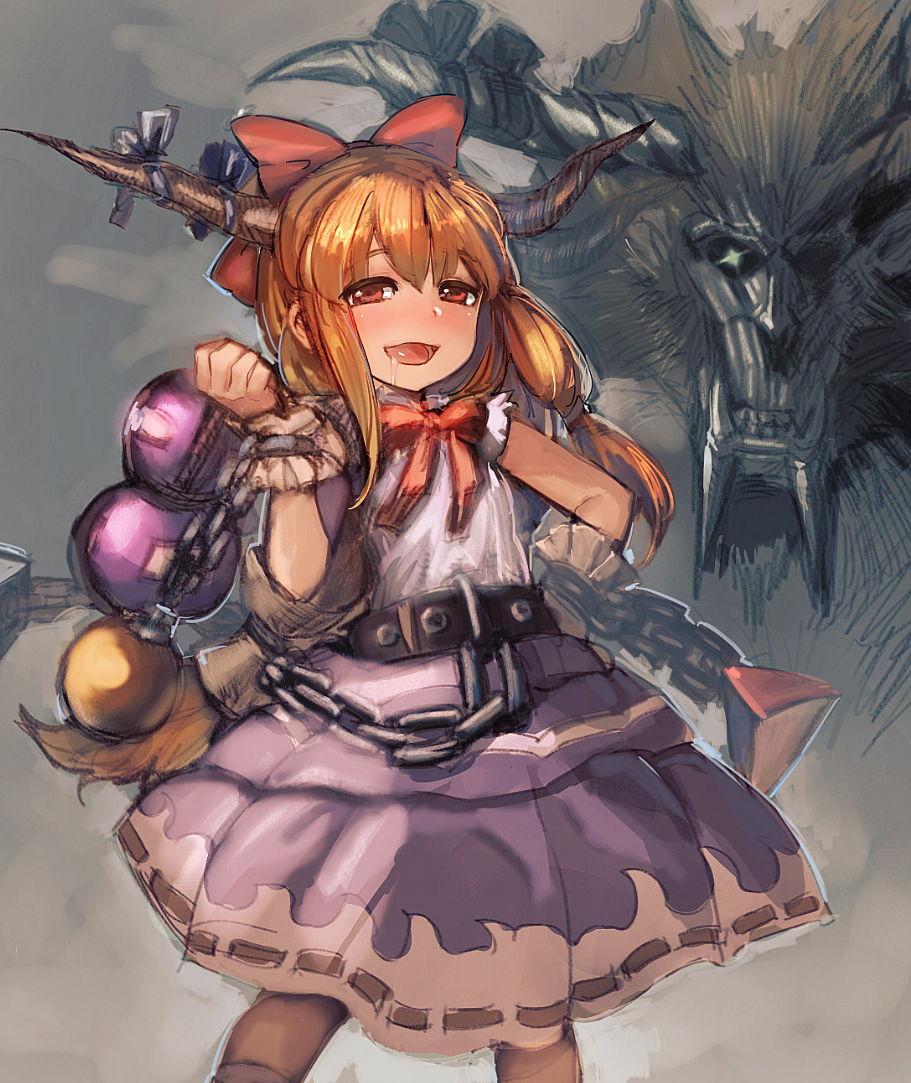 1girl :d blonde_hair blush bow bow_(bhp) bowtie chain crossover cuffs drooling drunk gourd hair_bow hand_on_hip horn_bow horns ibuki_suika long_hair looking_at_viewer monster monster_hunter open_mouth purple_skirt rajang red_bow red_eyes red_neckwear short_sleeves skirt smile standing touhou