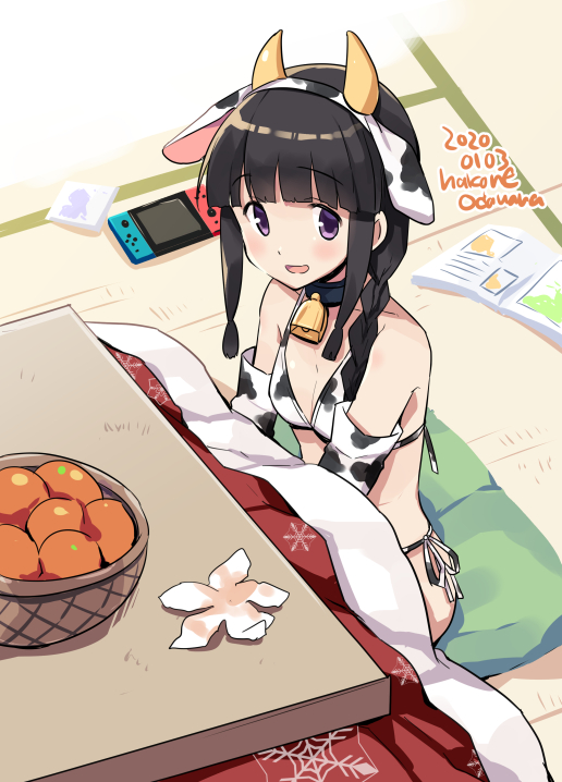 1girl :d animal_ears animal_print bikini black_hair book braid cow_ears cow_girl cow_horns cow_print dated eyebrows_visible_through_hair food fruit horns kantai_collection kitakami_(kantai_collection) kotatsu long_hair mandarin_orange nintendo_switch odawara_hakone open_mouth single_braid smile solo swimsuit table tatami twitter_username violet_eyes white_bikini