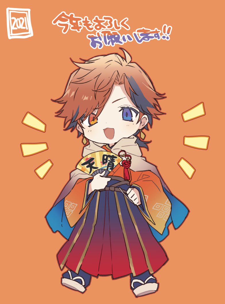 1boy ahoge black_hair chibi fan heterochromia holostars japanese_clothes looking_at_viewer male_focus mebaru mole mole_under_eye multicolored_hair open_mouth orange_eyes orange_hair shirt short_hair smile violet_eyes virtual_youtuber yukoku_roberu