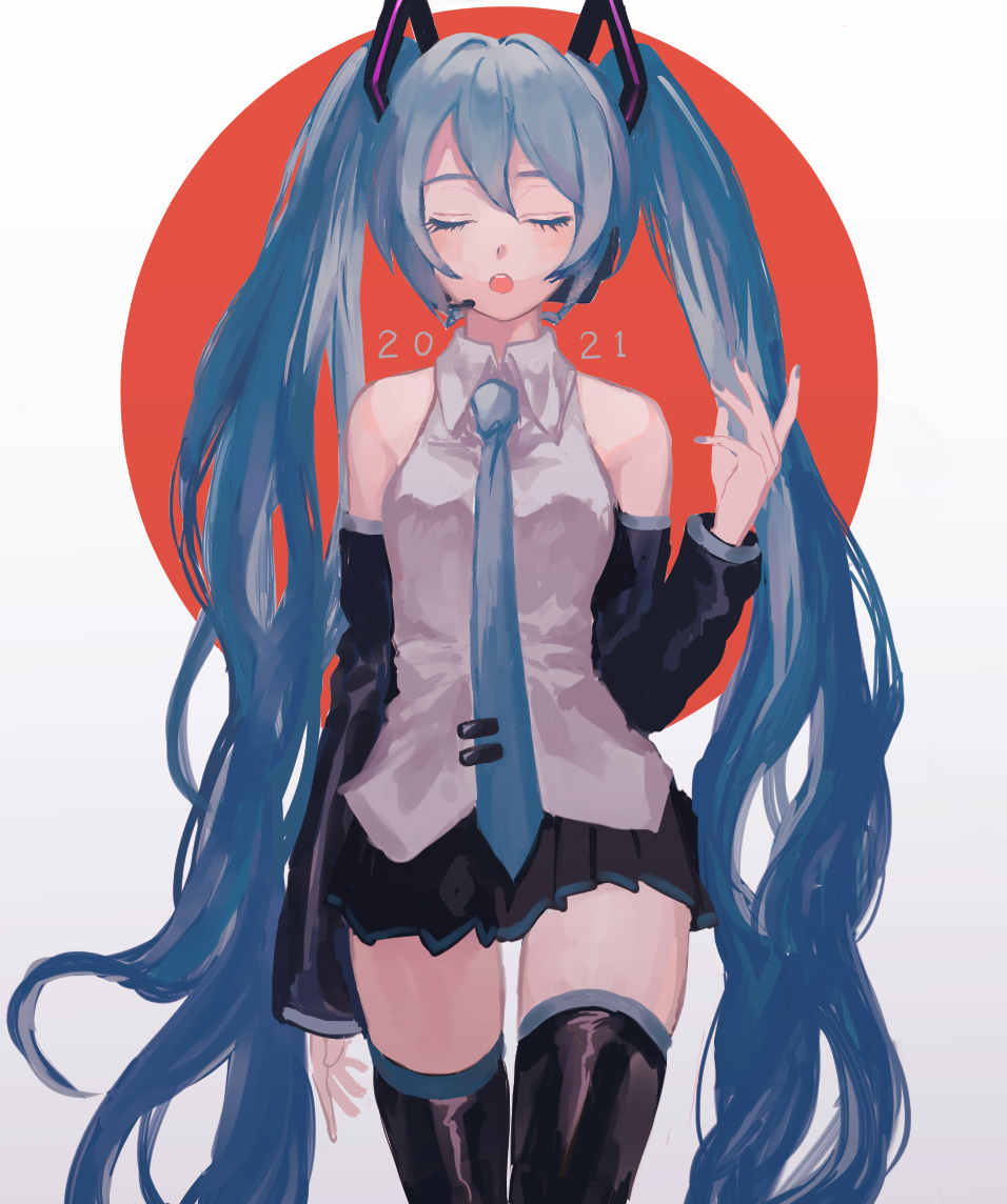 1girl 2021 arm_at_side bangs bare_shoulders black_legwear black_skirt black_sleeves blue_hair blue_neckwear closed_eyes collared_shirt commentary cowboy_shot detached_sleeves facing_viewer flag_background grey_shirt hand_up hatsune_miku headset japanese_flag long_hair long_sleeves miniskirt necktie open_mouth p2_(uxjzz) pleated_skirt shirt skirt solo thigh-highs twintails very_long_hair vocaloid zettai_ryouiki